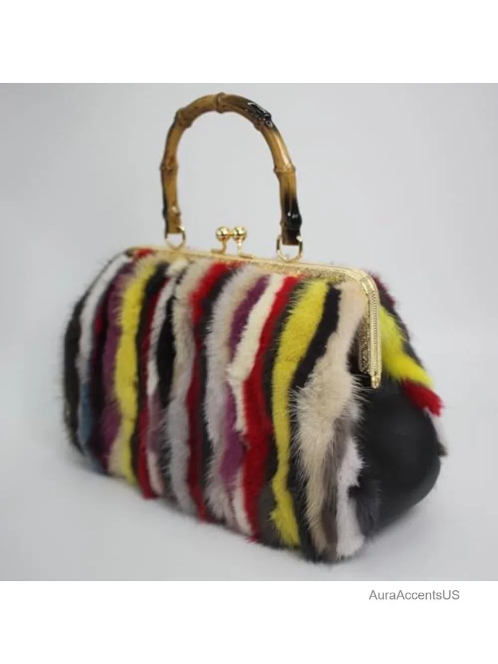Genuine Mink Fur Animal Print Clutch with Kisslock Frame and Faux Wood Handle